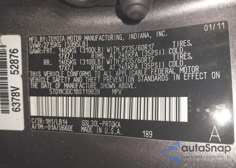 2011 Toyota Sienna Xle/Limited z USA, uszkodzony, nr VIN 5TDYK3DC1BS119839